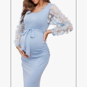 Elegant Blue Maternity Dress with Floral Sleeves